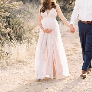 White and champagne maxi photoshoot dress for brides or moms-to-be